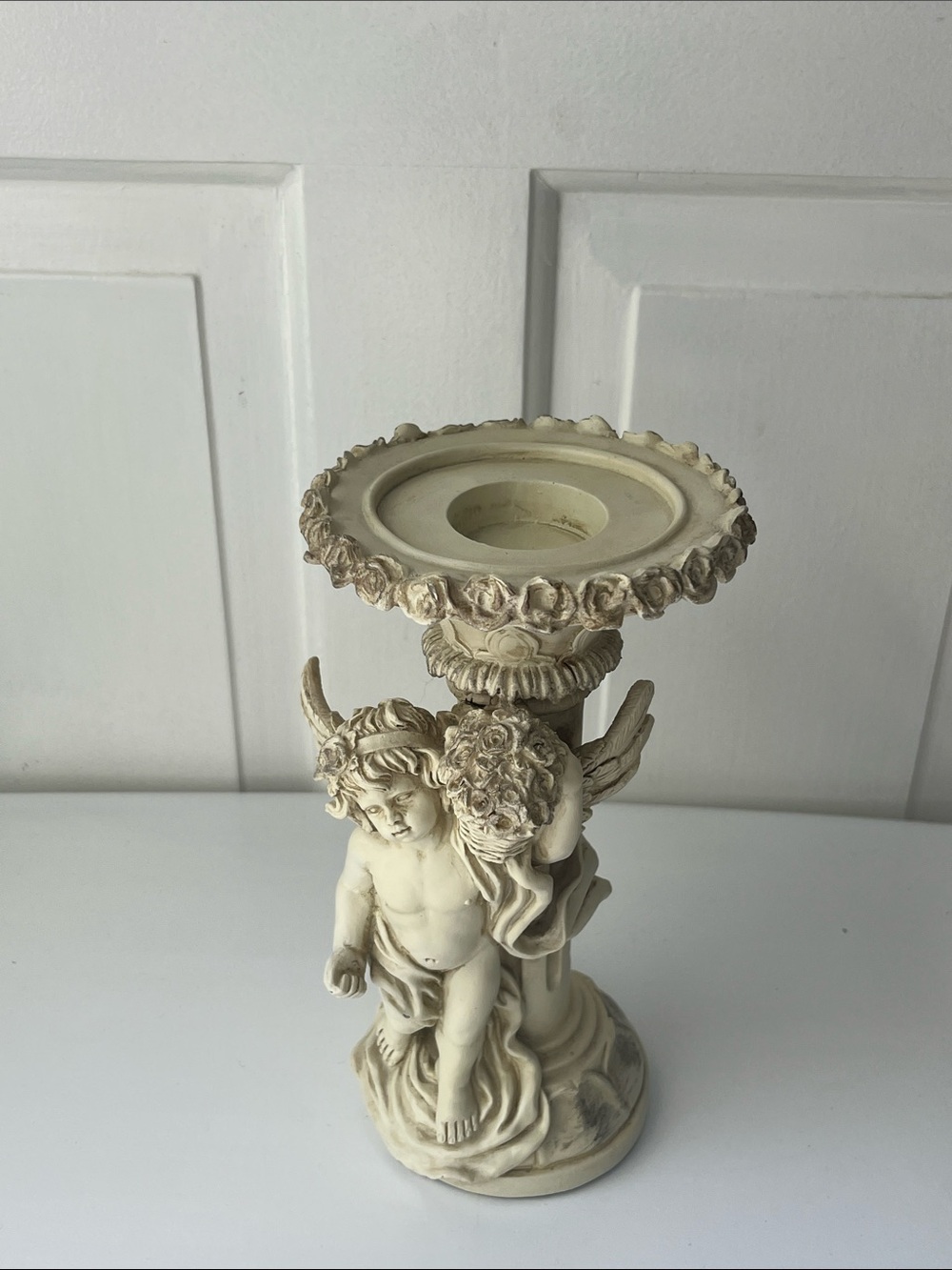 VTG Shabby Chic Ivory Cherub Resin Candle Holder Angelcore Decor